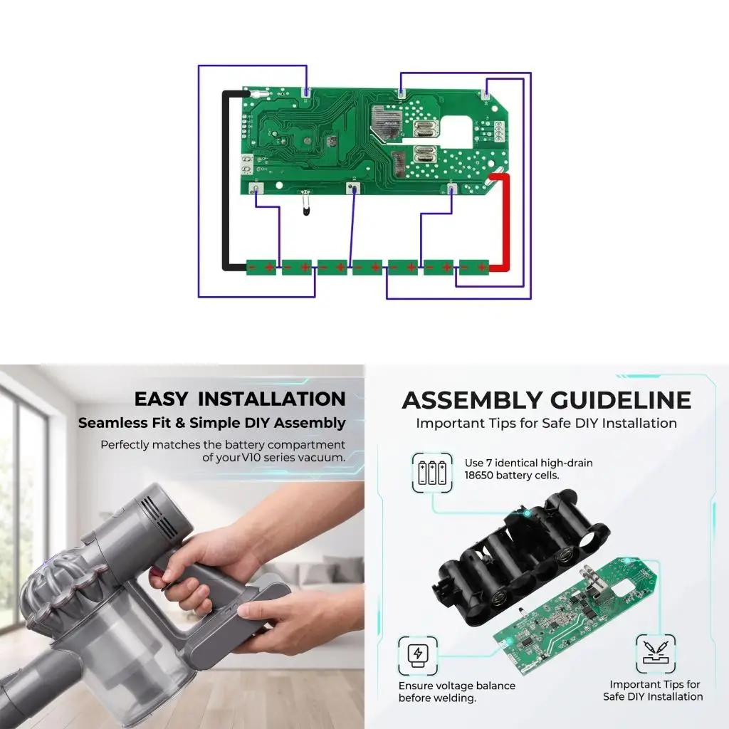 Replacement Battery Case for V10 Vacuum Rebuild, 7 Cell 18650 Structure, PCB Board Included, Gray Black Shell Parts for Repair