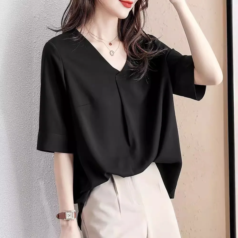 V-neck Short-sleeved Chiffon Shirt  Women Korean Style Loose Five-point Sleeve Top