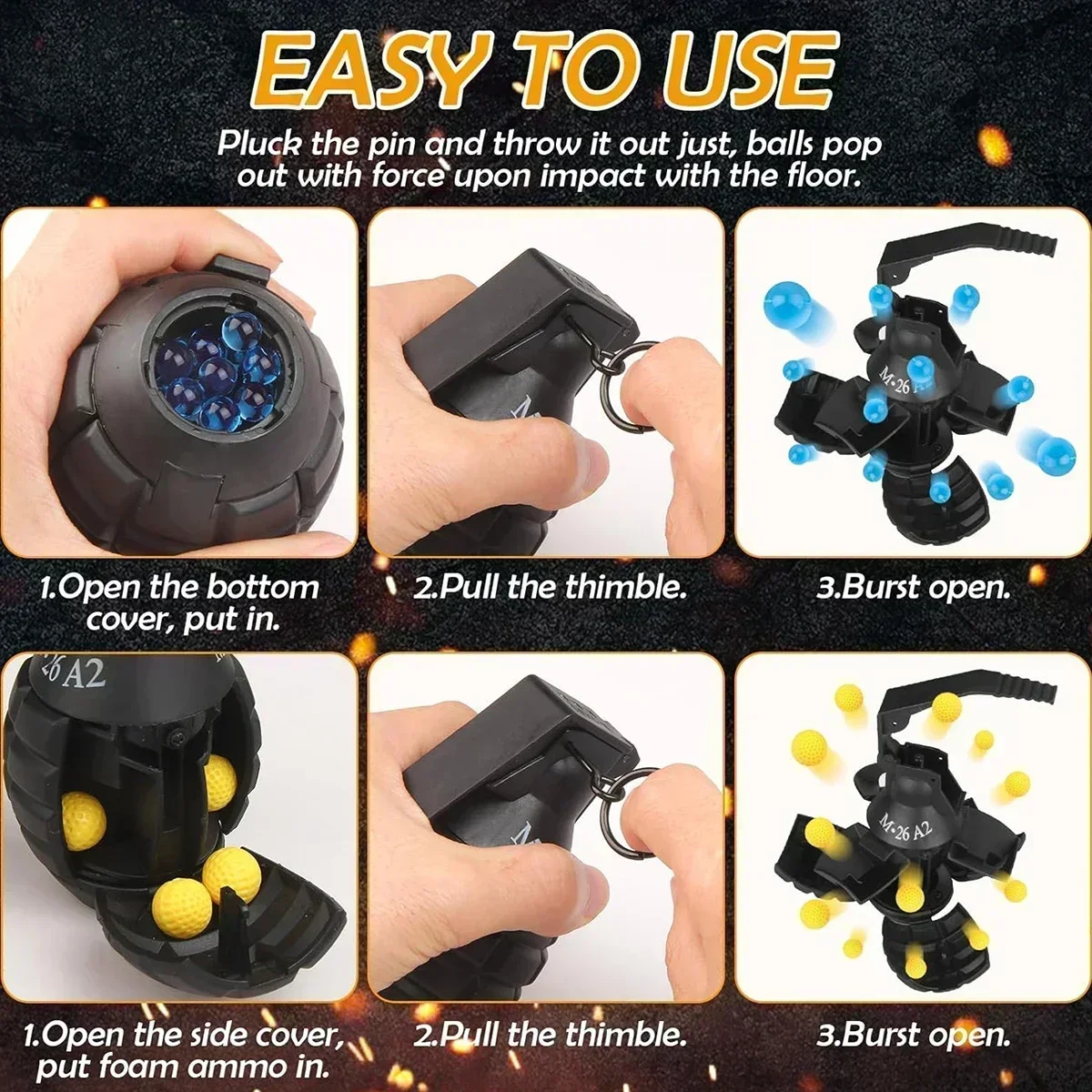 1/3PCS M26a2 Nylon Grenade Model Explosion Grenade Toy, Airsoft Grenade Model, Anti-Fall, Refillable, Gel Ball, Confetti, Flour