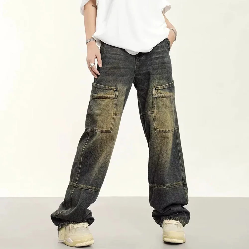 

2025 Summer New Men's Y2k Harajuku Straight Jeans Overalls Retro Fashion Casual Loose Trend High Street Hip Hop Men's Bottoms