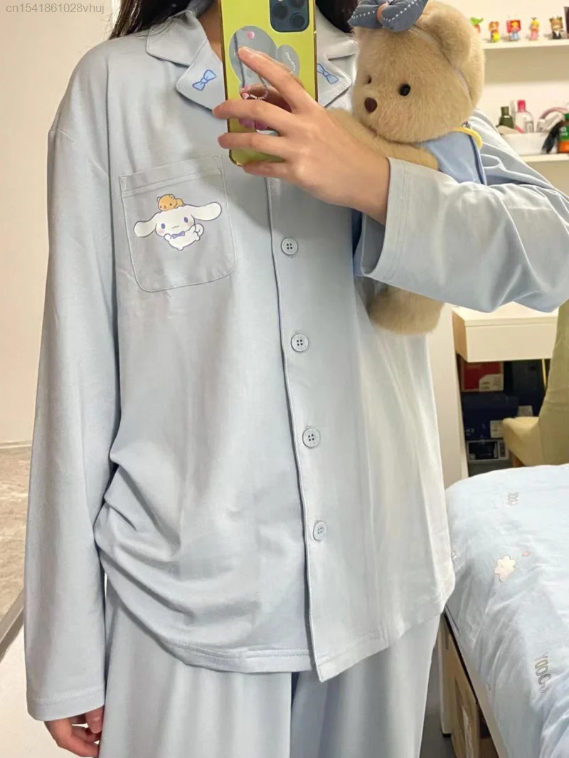 Sanrio Cinnamoroll Couple Pajamas Spring Autumn New Style Cotton Long Sleeved Home Clothes Cute Korean Aesthetic Pijamas Set Y2k