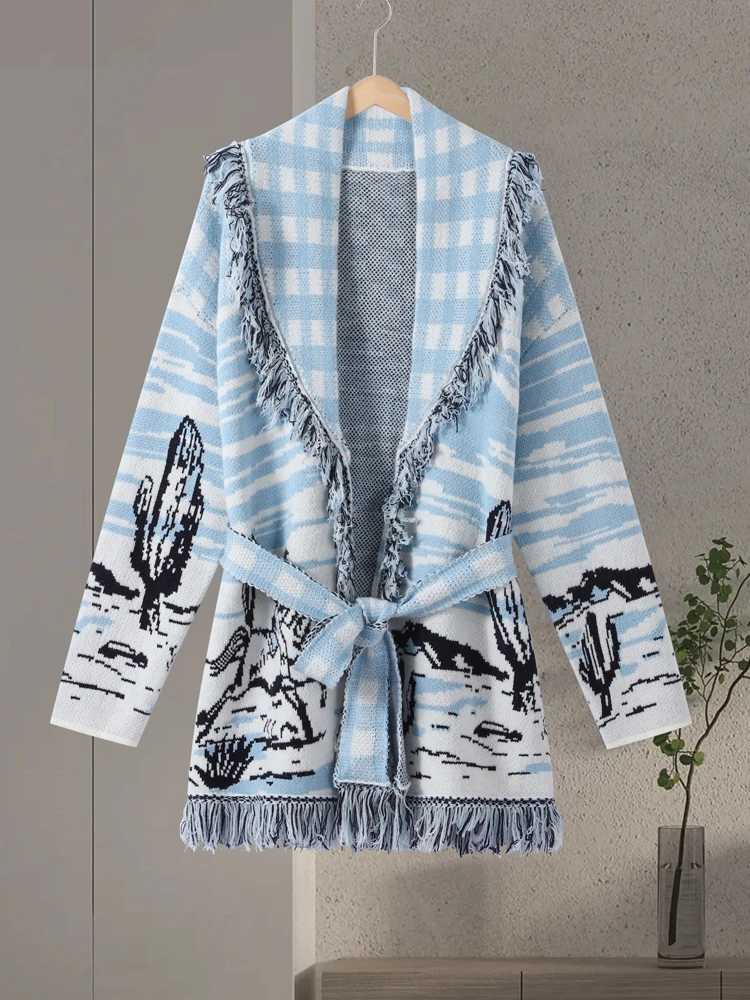 Jacquard-Strickjacken mit Gürtel und Quasten für Damen, eleganter Umlegekragen, lange Ärmel, lockere Strickware, schicke Damen-Partykleidung, neu – Detail 4