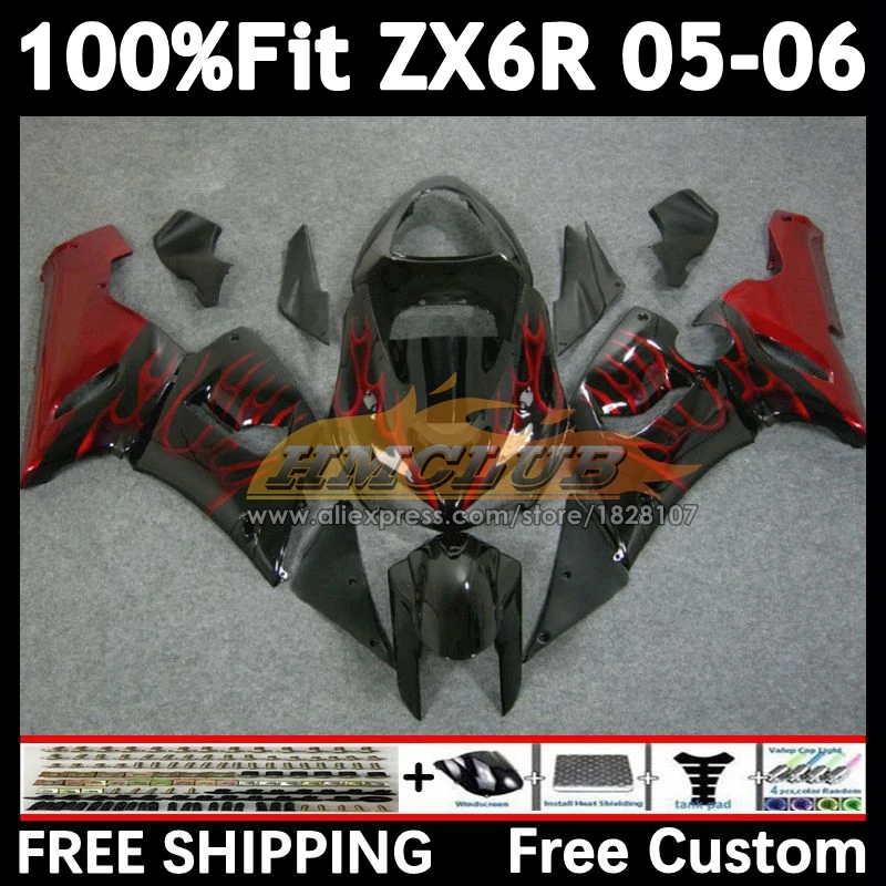 Injection Body For KAWASAKI NINJA ZX-636 ZX-6R 2005 2006 156No.20 ZX600 ZX 636 6R ZX636 ZX-600 ZX6R red flames 05 06 Fairings