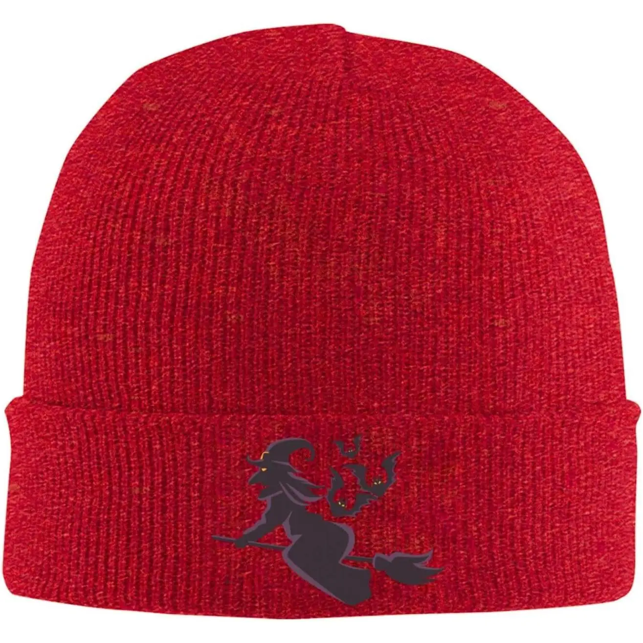 Witch Flying Broom and Bat Flying Silhouette Beanie for Men Women Winter Soft Warm Knit Cuffed Hats Skull Cap