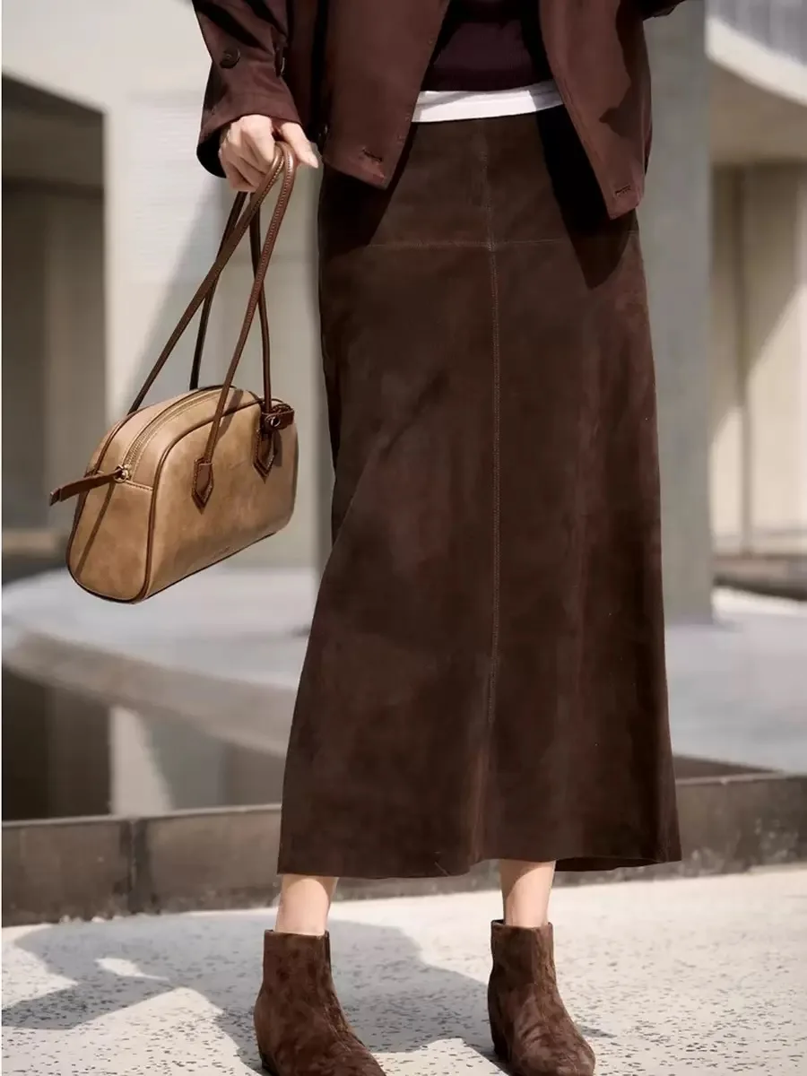 Retro High Grade Suede Real Leather Long Skirt 80cm For Women Upgraded Imported Jupe Back Split Waist Loop Faldas Ankle-Length