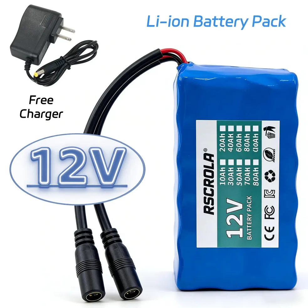 Multifunctional 12V Battery Pack Li-ion 18650 Battery Pack with Charger Large Capacity DC12.6V for Sprayer,Router,Monitor,Toys