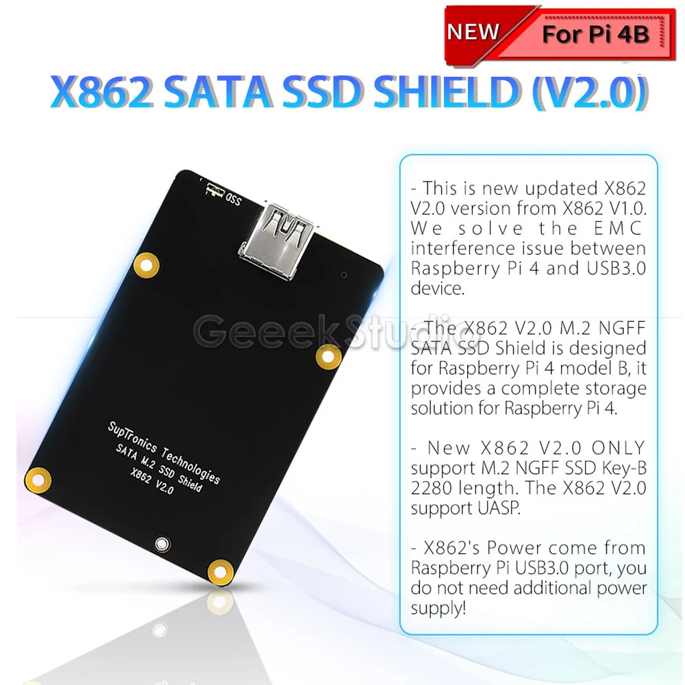 New Version! Raspberry X862 M.2 NGFF 2280 SATA SSD Shield Board Only for Raspberry Pi 4B ( 4 Model B )