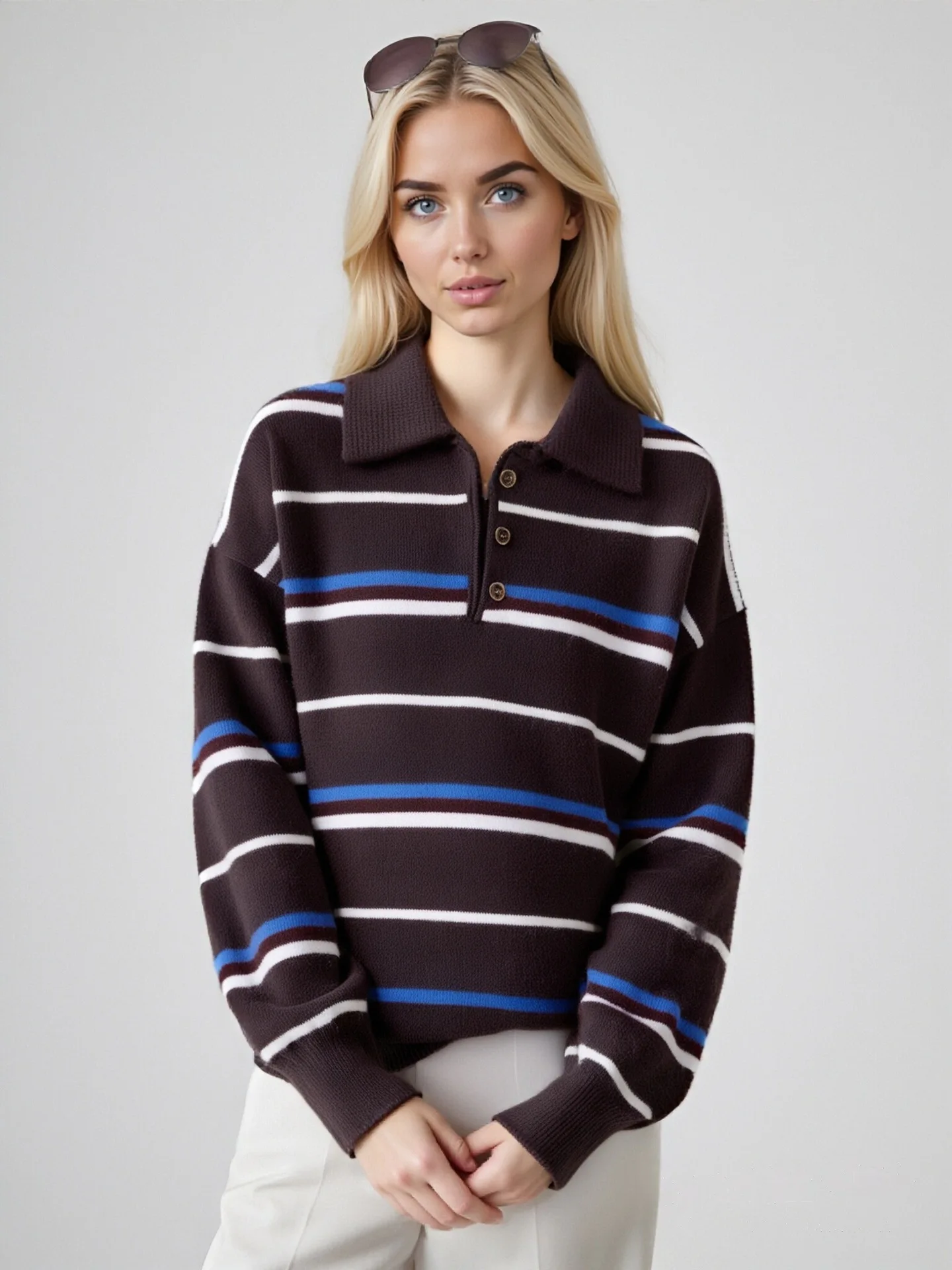 

Retro Casual Pullover Sweater Polo Long Sleeve Shirt New Autumn Winter Women Striped Knitted Top Lapel Patchwork Loose Jumper