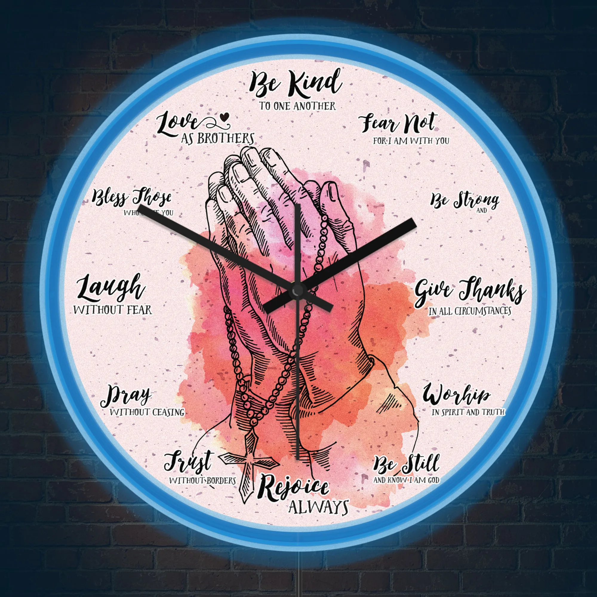 Rosary Cross Praying Hands Bible Quote LED Neon Light Wall Clock Inspirational Faith Scripture Sayings Illuminated Wall Clock