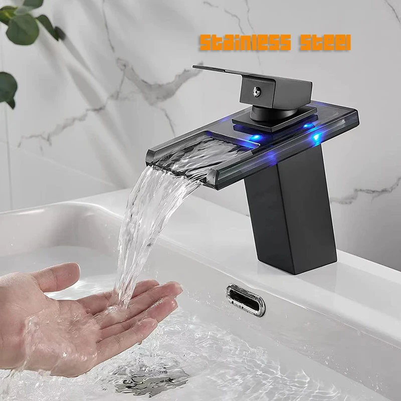 

Faucet LED Glass Bathroom Basin Mixer Water Tap Luminous Color Changing Hydro Power Black Waterfall Basin Faucet Stainless Steel