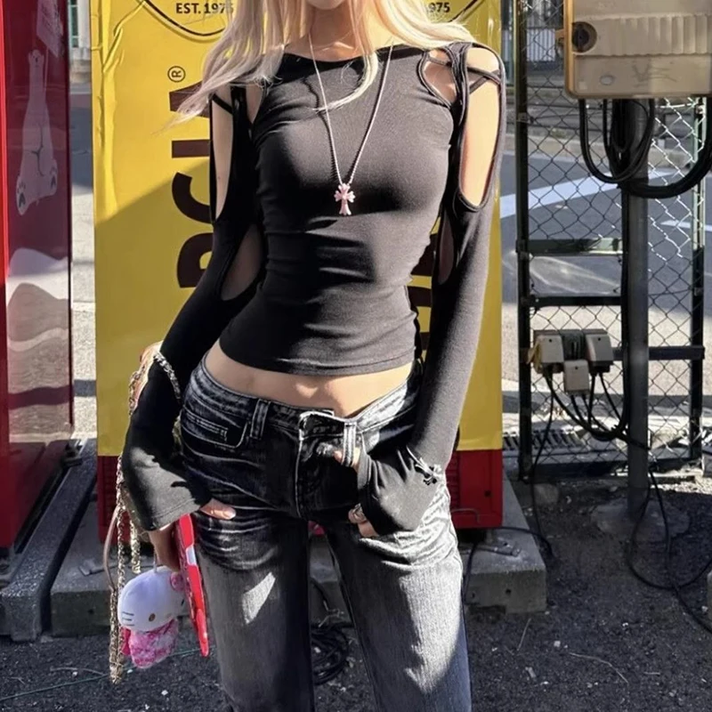

Spring Streetwear Black Women's Cropped Tops 2025 Vintage Hollow Out Harajuku T-shirts Y2k Aesthetic Sexy Bodycon Grunge Tees