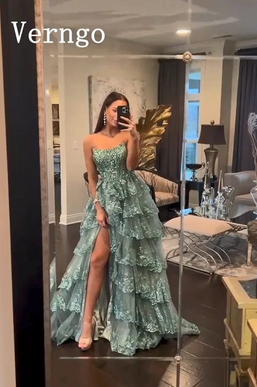 Verngo Green Sequined A Line Prom Dress Sweetheart Tiered 2024 Birthday Luxury Dress Shiny A Line Party Dress Women Customized