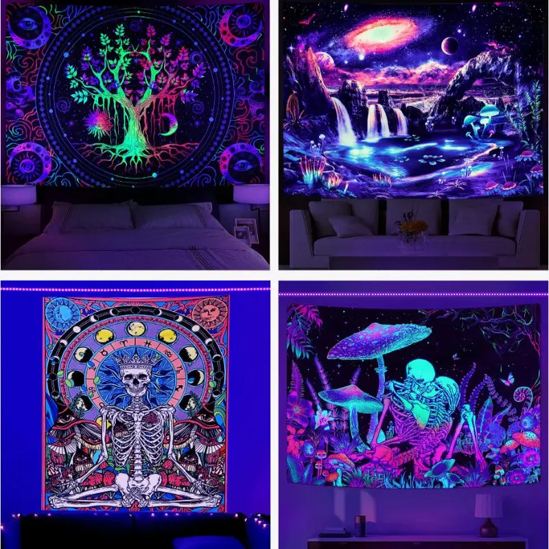 VIKAMA Fluorescent Tree of Life Skull Tapestry, Psychedelic Mushroom Mountain Wall Hanging, Aesthetic Dorm Esports Room Decor