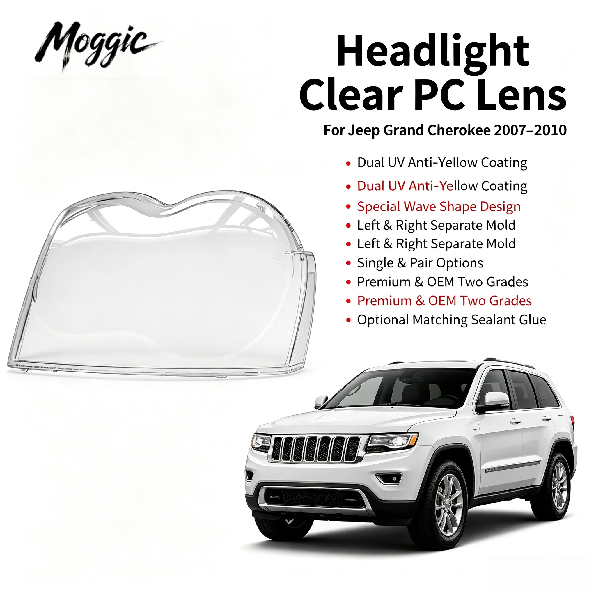 Moggic Headlight Lens Cover Compatible With 2007 2008 2009 2010 Grand Cherokee Left Right Side Replacement Clear PC Plastic