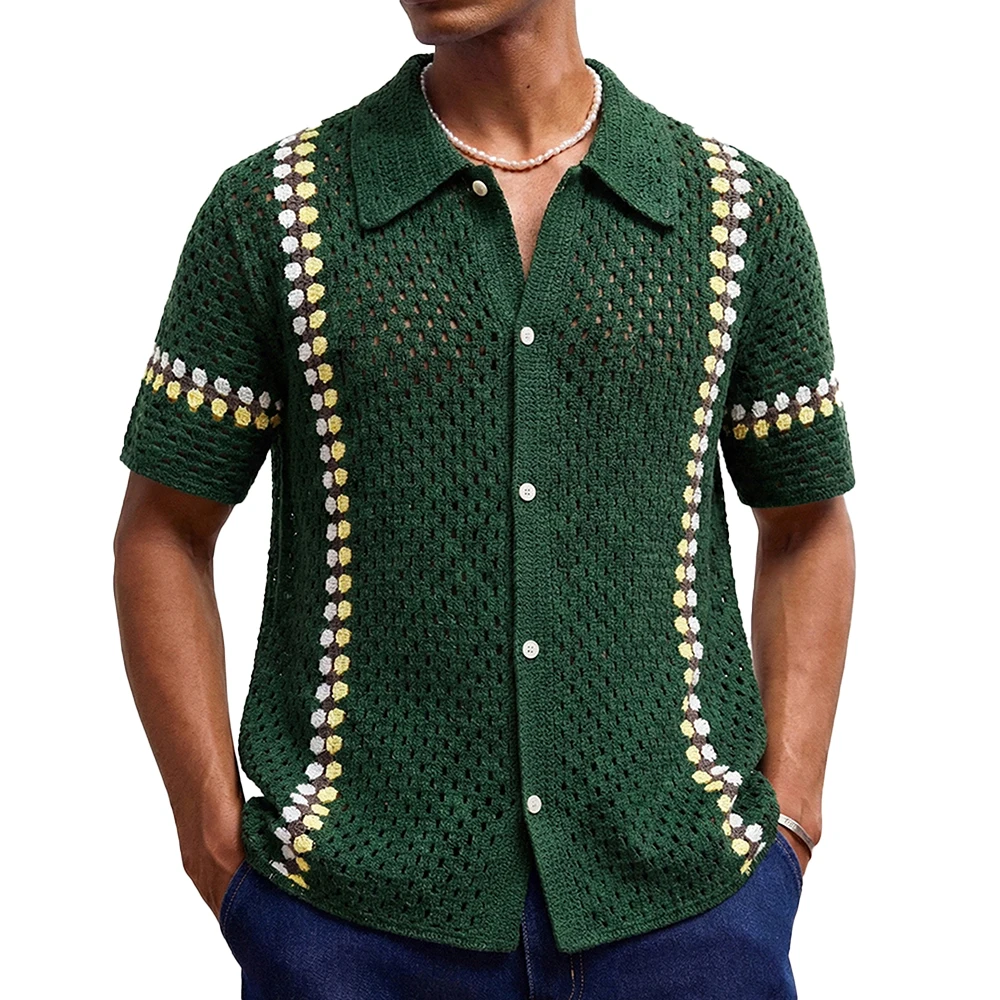 Summer New Men's Hollow-Out Knit Short-Sleeve Shir American Retro Fashion Trendy Street Loose Casual Breathable Men's Tops
