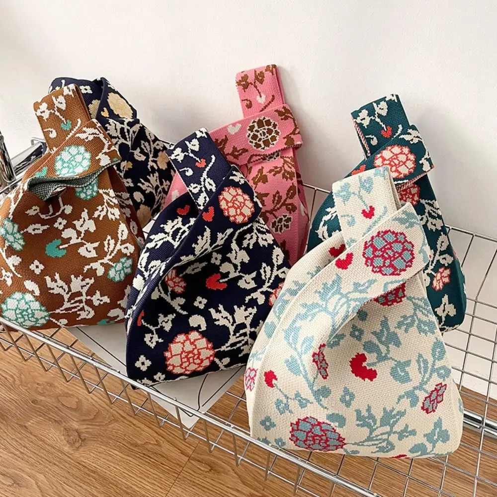 Casual Weave Handmade Flower Storage Bag Large Capacity Grocery Handbags Wrist Bag Shoulder Bag Women Tote Bag Knitted Bag