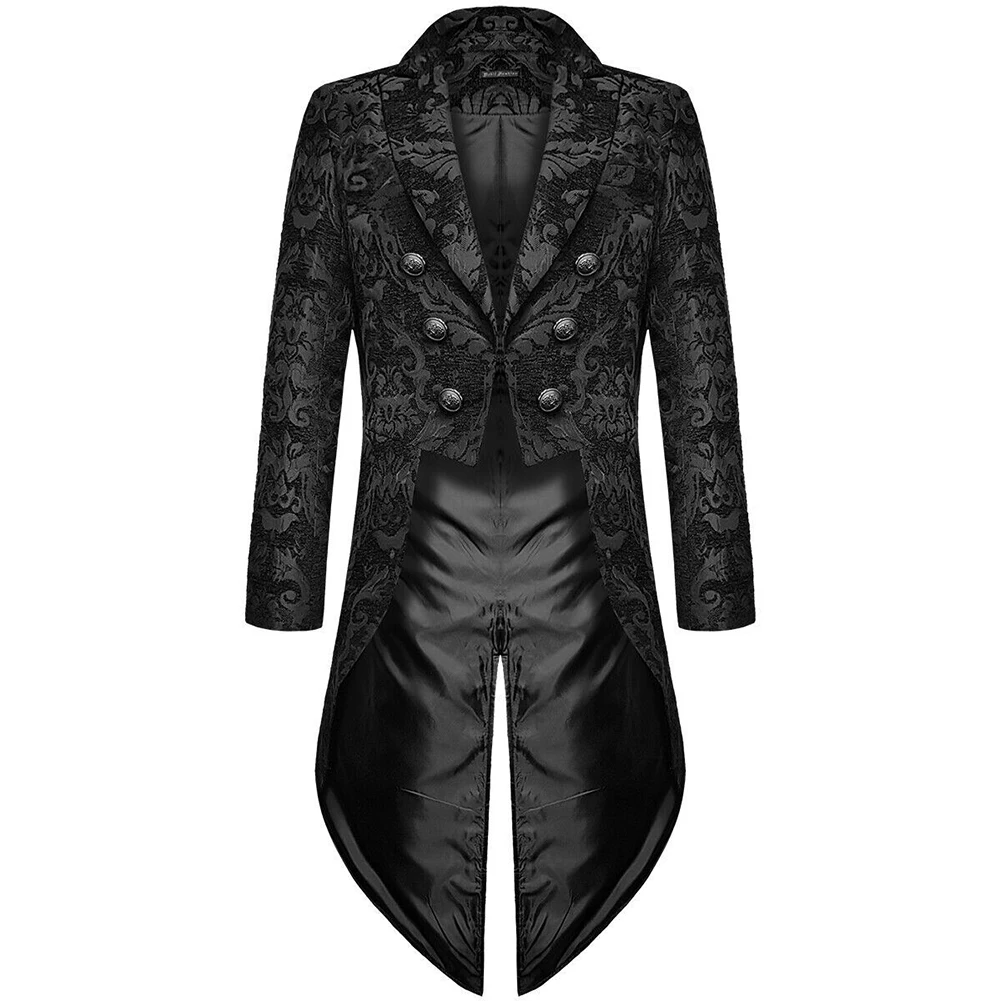 Men Autumn Winter Retro Punk Print Gothic Steampunk Tailcoat Windbreaker Jackets Wedding Coat Cape Brocade