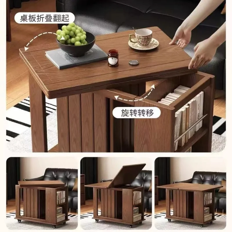 Solid wood mobile side table coffee table living room sofa balcony trolley folding multi-functional dining table