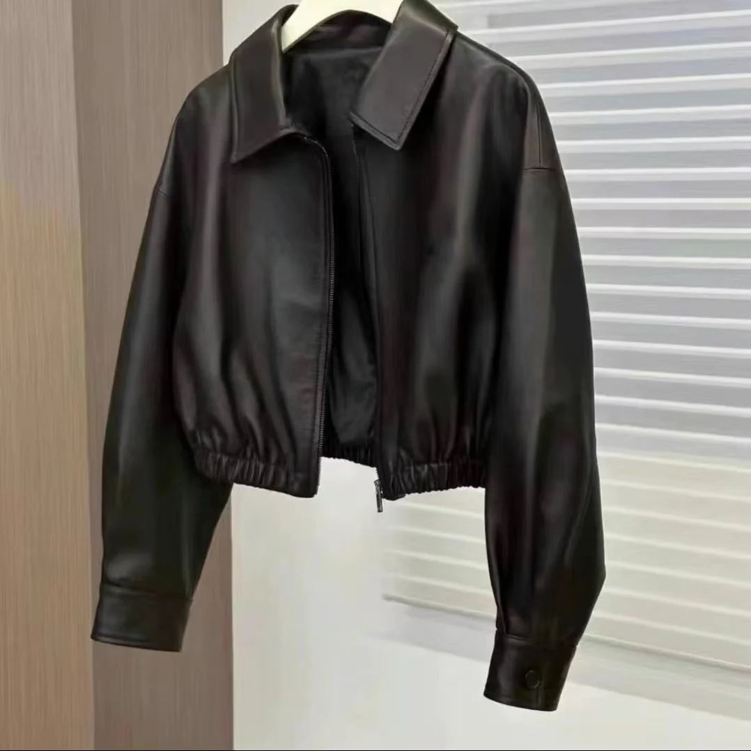 Faionable ort Motorcycle Jaet Women's Synthetic eepskin Coat Elastic Waist PU Leather Top Trendy Commute Sle Zipper