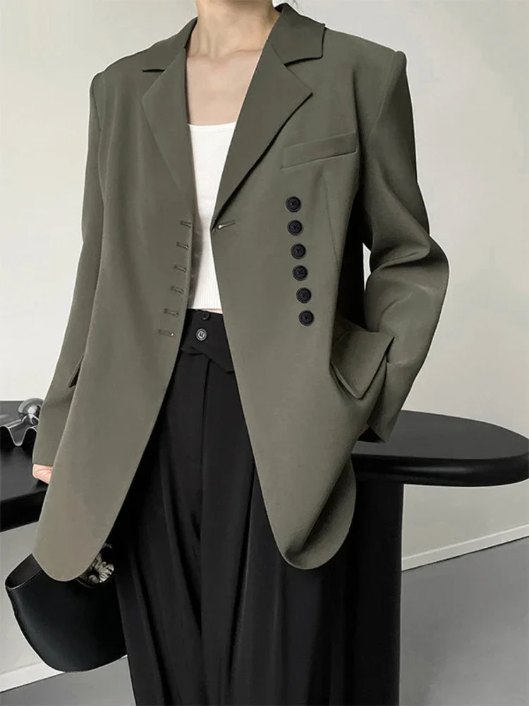 QNPQYX New Women Notched Pocket Blazer Coat Korean Solid Color Long Sleeve Suit Jacket Coats Spring Autumn New Button Top 6Y6507