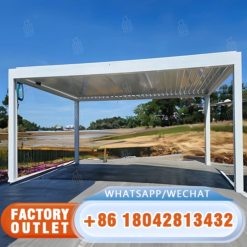 Outdoor Modern Pavilion Building Deck Villa Rainproof Gazebo Bioclimatic Panel Slats Aluminum Louvered Pergola With Blinds