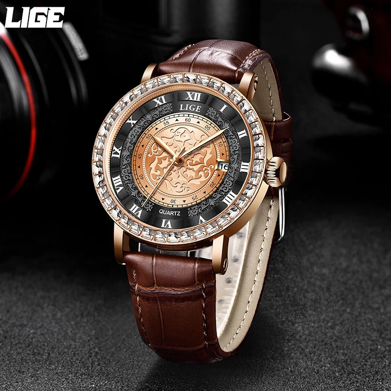 LIGE Fashion Luxury Man Watch Business Carved Leather Strap Quartz Watches for Men Waterproof Casual Sports Auto Date Clocks+Box