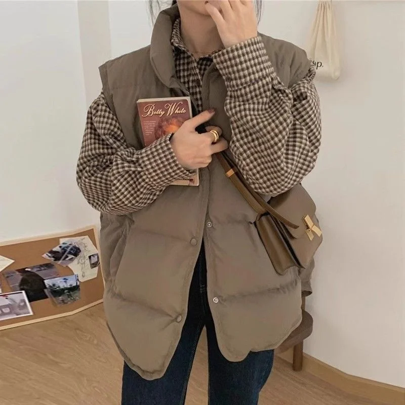 Women Autumn Winter Quilted Cotton Vest Sleeveless V-neck Loose Padded Waistvest Single Breasted Casual Ultralight Portable Vest