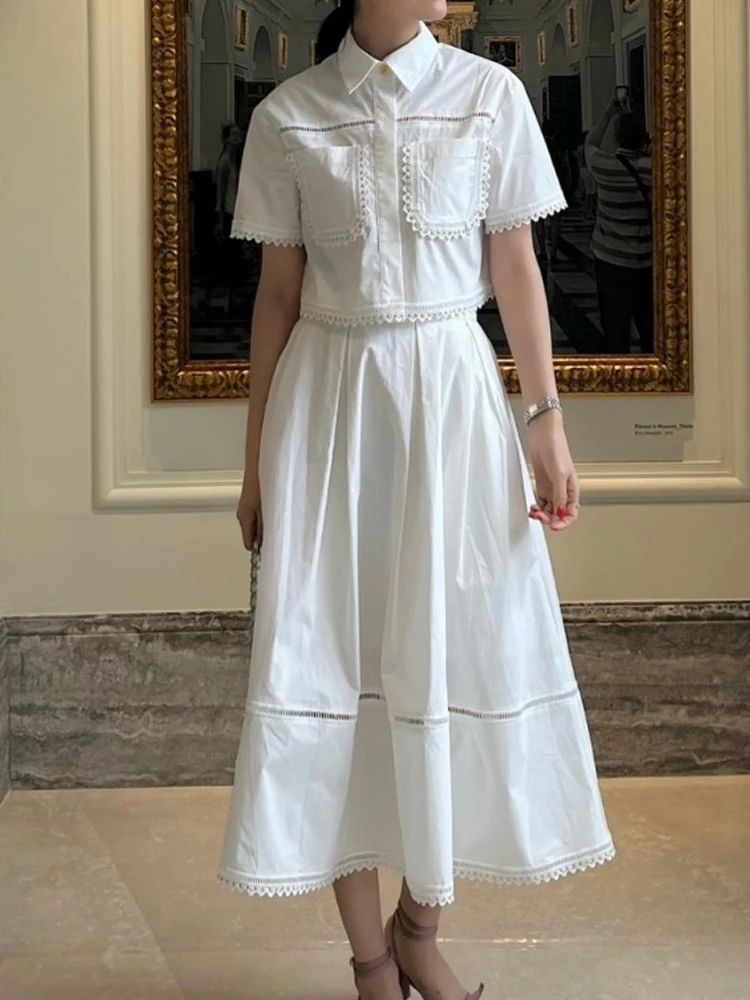 

Fashionable Short Sleeve Beaded Lace Shirt High Waist Skirt White Two Piece Set Women's Collar Button up Outfit