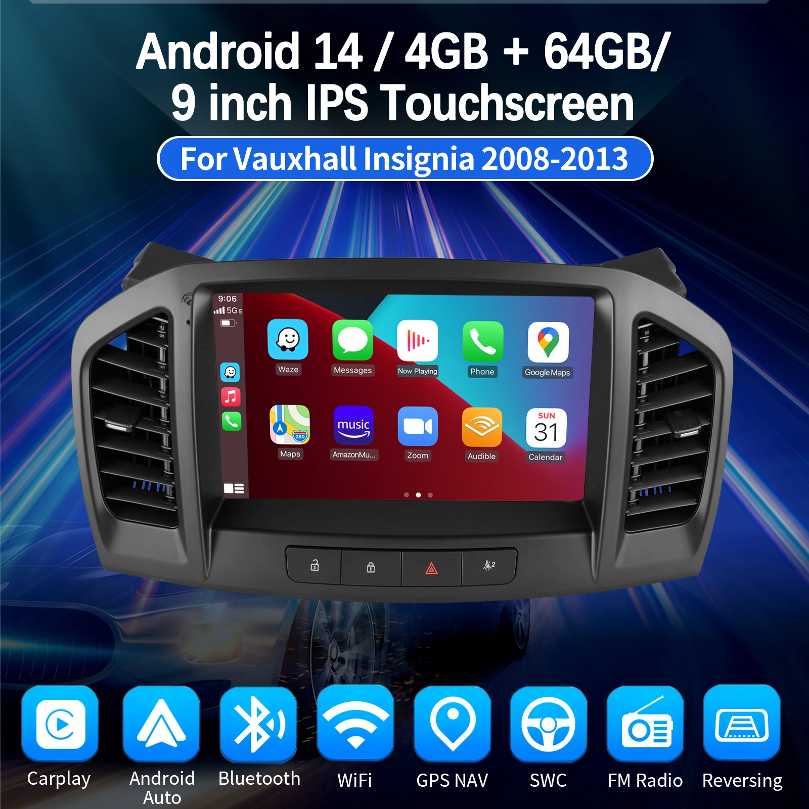 ESSGOO 9 "Android 14 Radio estéreo de coche para Opel Insignia 2008-12 inalámbrico Carplay Android Auto GPS Navi FM BT RDS SWC Mirror Link