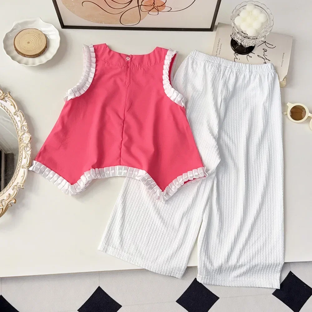 Summer Promotion 3-6-year-old Girls' Casual Suit Round Neck Lace Vest+wide Leg Pants Two-piece Set Korean Version