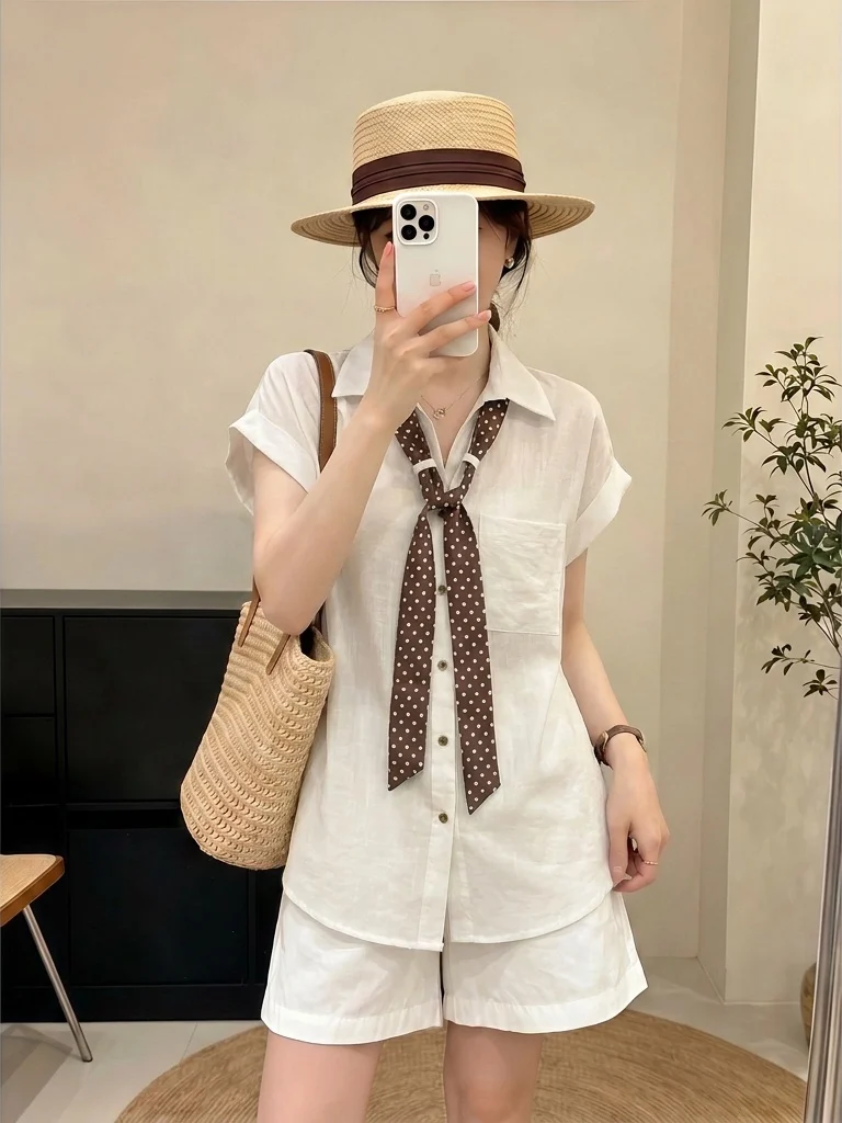 

Elegant Polka Dot Silk Scarf V-Neck Short Sleeve Shirt Women's Summer New plus Size Big MM Mid-Length Top Commute Style Korea...