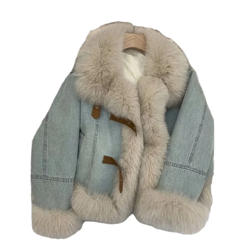 الكورية الدنيم سترة المرأة تصميم تحسس الفراء طوق الأزرق موضة مبطن أفخم الجمالون القطن سميكة الدافئة تقليد الفراء أفخم معطف