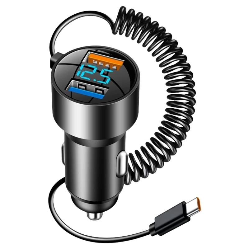 Metal Car Charging Adapter with Double Port, Equipped Type C Spring Coiled Cable 30-150cm Adjust for 12V-24V Car Trucks