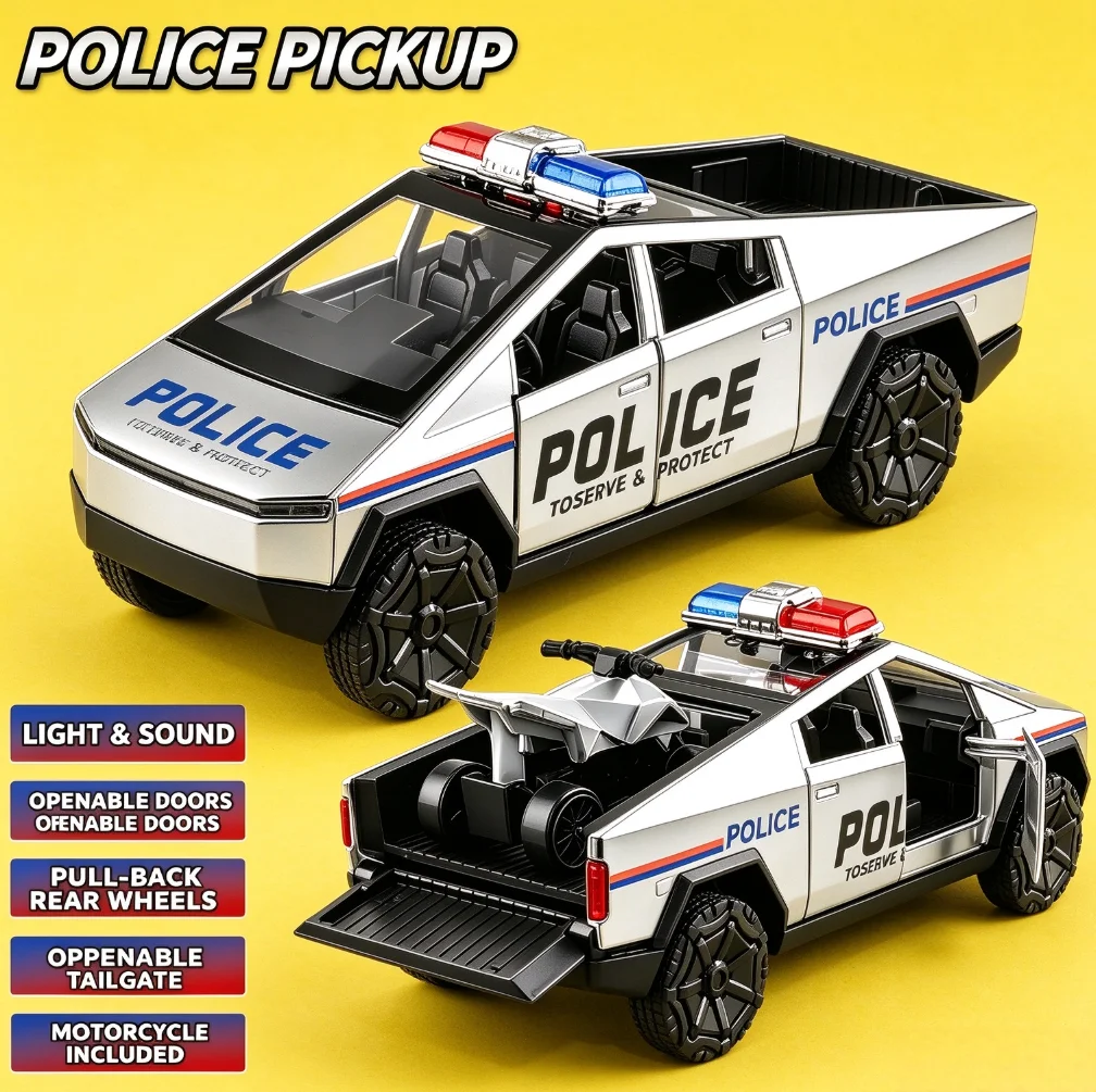 1/36 Future Pickup Police Car Alloy Model Pull Back Openable Doors Included Mini All-Terrain Vehicle Car Ornament High-end Gift