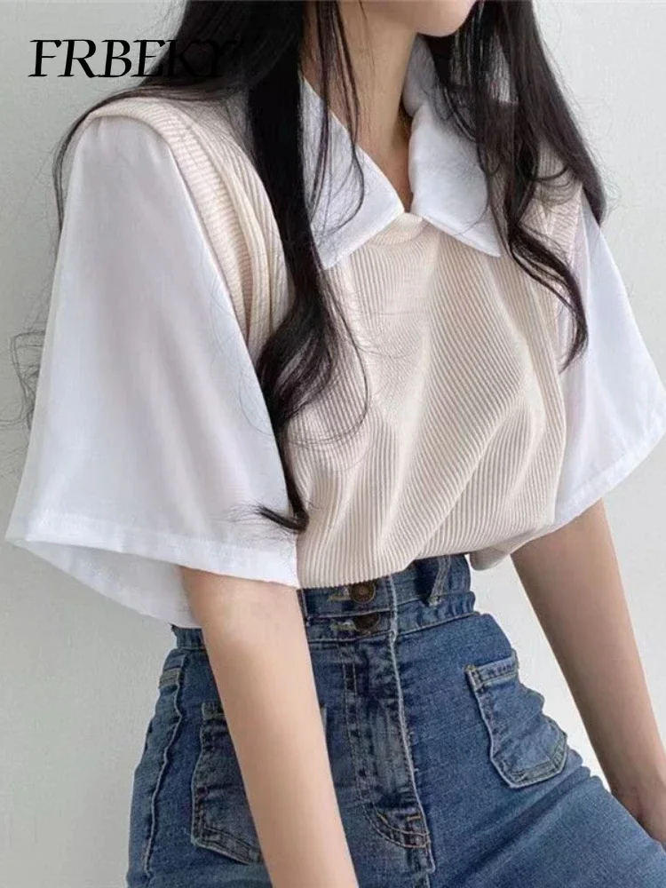 Summer New Polo Collar Tops Fake Two Pieces College Style Color Collision Short-sleeved T-shirt Shirts & Blouses Korean Fashion