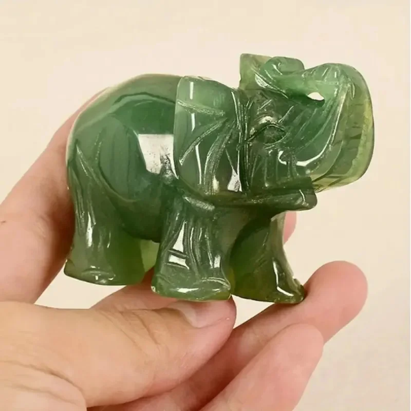 Estátua de elefante de jade de aventurina verde natural esculpida à mão - Ornamento e decoração de boa sorte