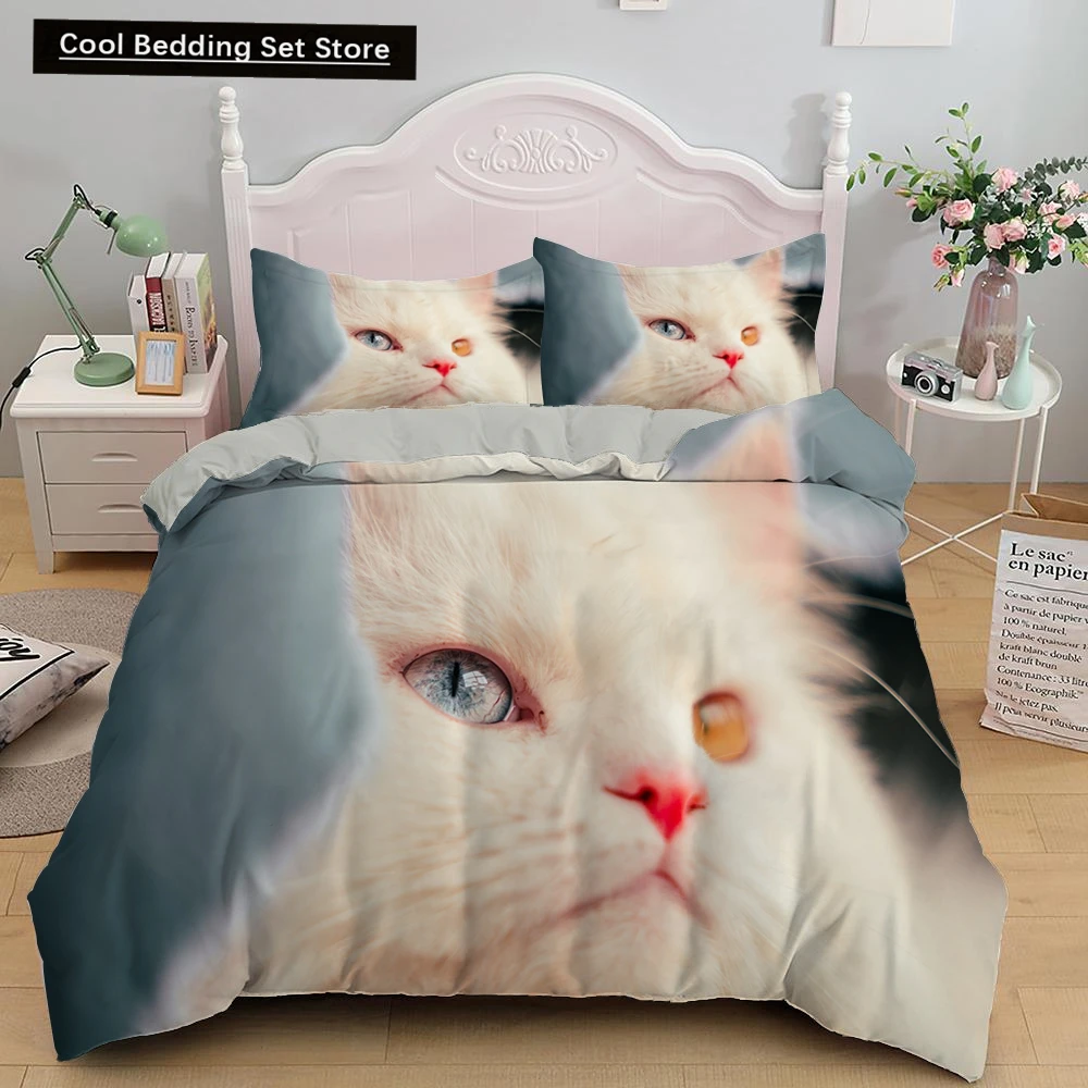 

White Cat King Queen Duvet Cover Kawaii Pet Kitty Bedding Set for Kids Teens Adults Family Animal 2/3pcs Polyester Quilt Cover