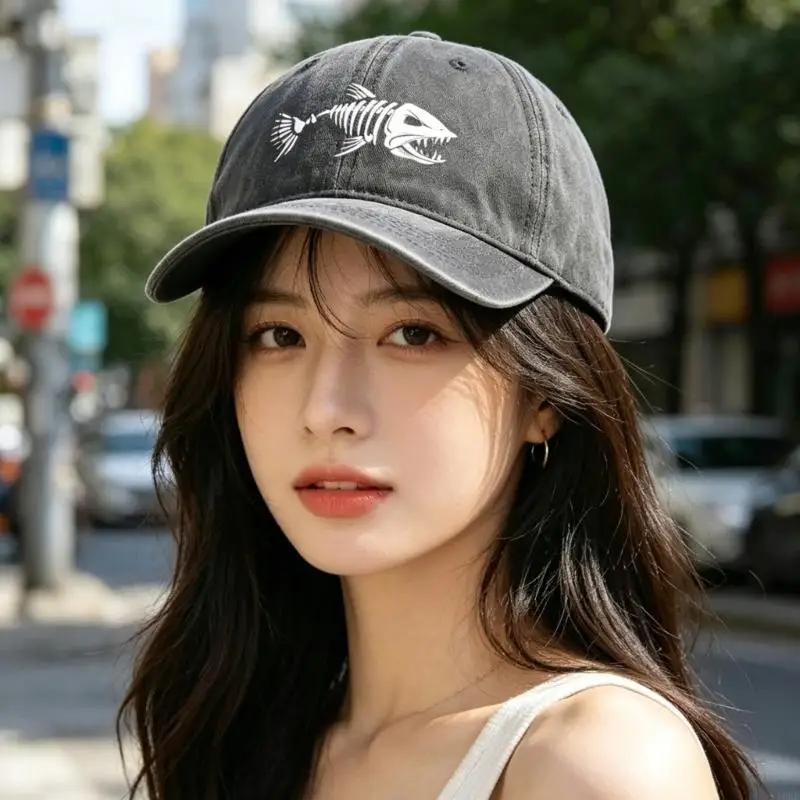 Men Women Vintage Washed Baseball Cap Fishbone Print Curved Brim Sun Hat for Daily Streetwear Hiking Camping Outdoor Fishing