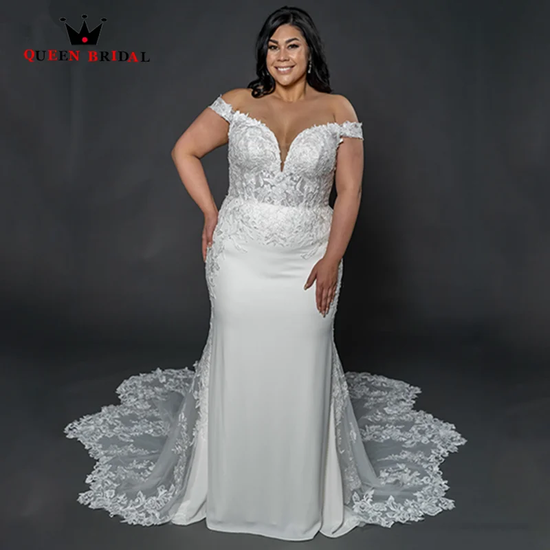 

Sexy V Neck Mermaid Applique Wedding Dress Luxury Off The Shoulder Plus Size Bridal Gown Robe De Mariée Custom LK06