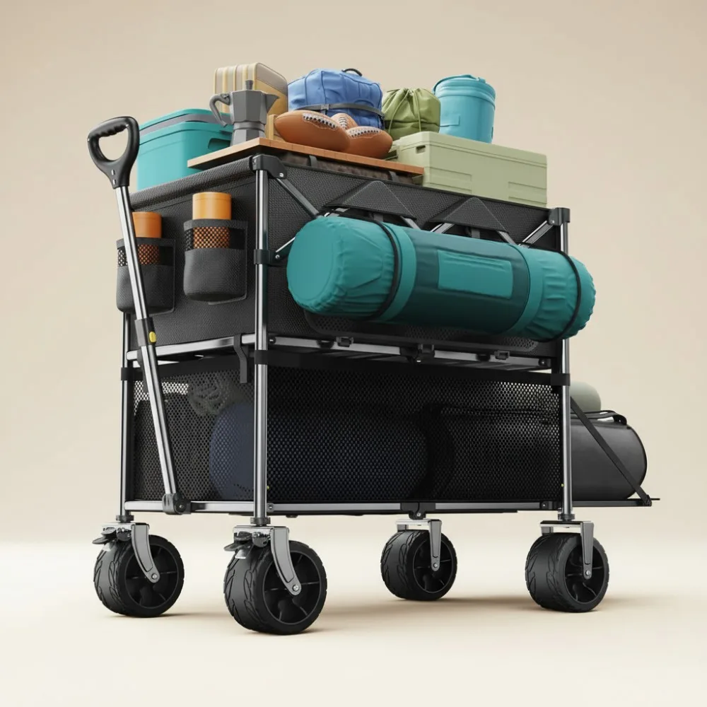 

Foldable Heavy Duty Utility Wagon Cart with Double Decker Design, All Terrain Wheels for Camping Sports Garden Grocery
