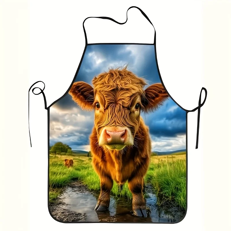 

1 шт. фартук унисекс с милым принтом коровы Хайленд, прочная легко чистящаяся льняная ткань, забавный кухонный аксессуар для домашней кухни, ресторанов