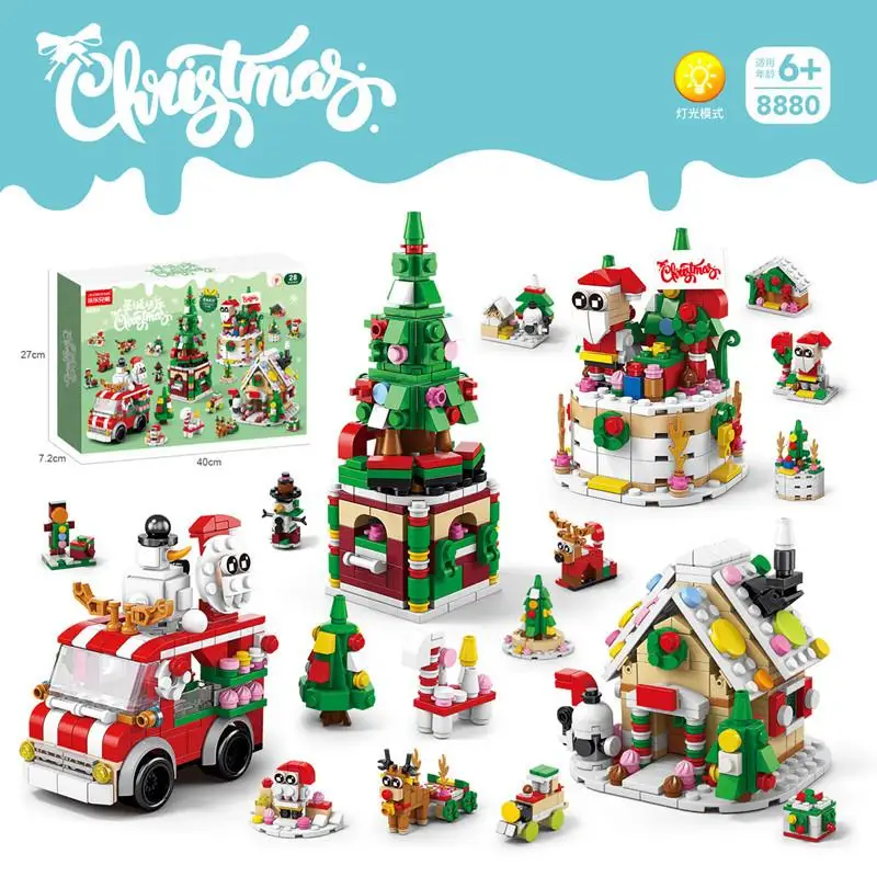 Creative Christmas Series Building Blocks Small Kawaii Train renna House Mini Model mattoni fai da te Set giocattoli per regali per bambini