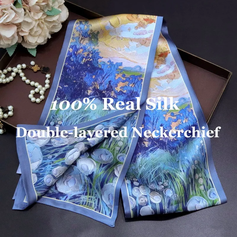 

Luxury 100% Mulberry Silk Scarf for Women Double Layer Narrow Long Small Neckerchief Elegant Neck Wrap Hairband Bag Ribbon Tie
