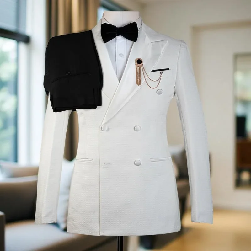 

Plaid Double Breasted Wedding Tuxedo Slim Fit Suits for Men Peak Lapel Groom 2 Pieces Suit Set Jacket with Pants