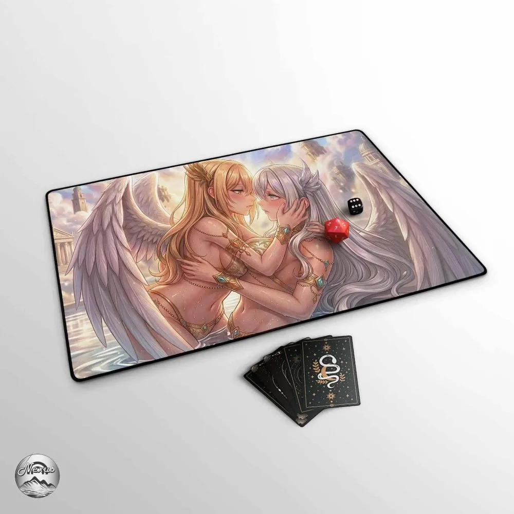 Celestial Angel Lovers EDH Playmat, Yuri Anime Waifu TCG Playmat, Large Extended Game Mat With premium Stitched Edges For Angel