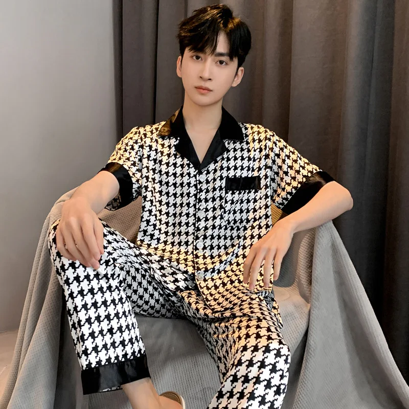 Design Houndstooth Pajama Men Ice Silk Pyjama Set Youth Home Wear Teenager Night Clothes Long Sleeve Suit Sleepwear-Set Male