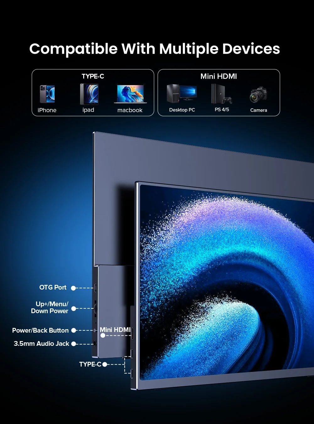 UPERFECT 4K Portable Monitor 14.5" 3840*2400 UHD USB-C HDMI Laptop Monitor 110% sRGB IPS Computer Gaming Display HDR w/Speakers view 4