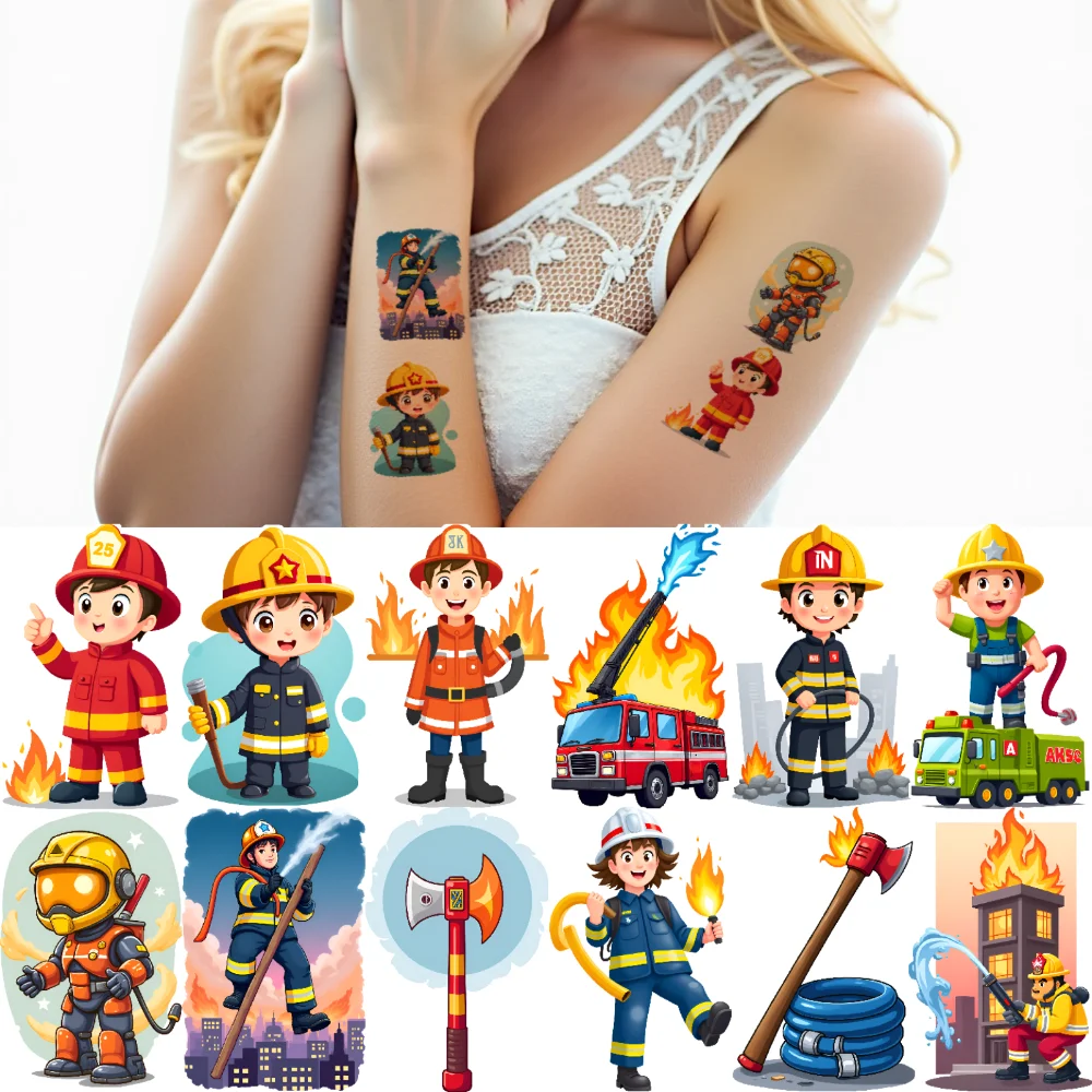 

63pcs Temporary Tattoo Helmet Waterproof Long-lasting Body Stickers Fire Hydrant Firefighter Temporary Tattoo Stickers Axe For