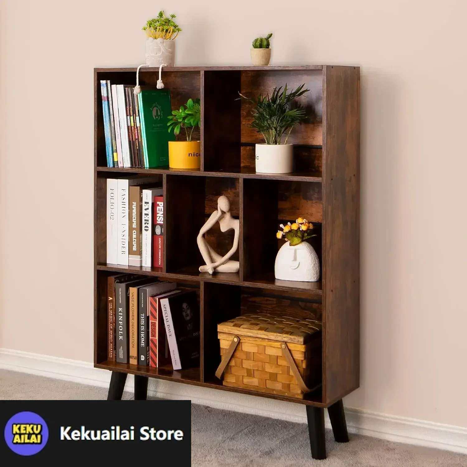 

Cube Bookshelf 3 Tier Mid-Century Rustic Brown Modern Bookcase with Legs,Retro Wood Bookshelves Storage Organizer Shelf