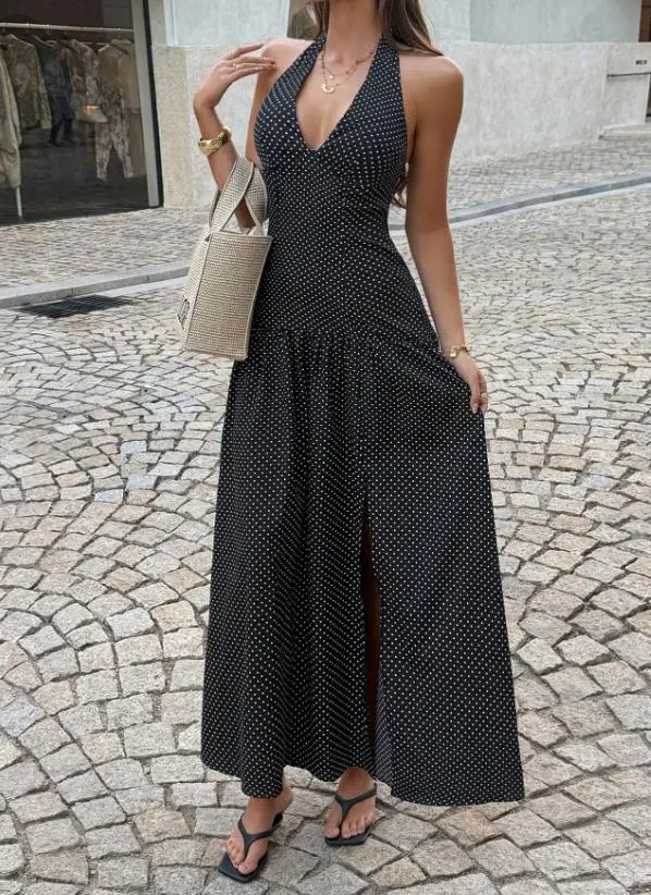 

Women's Dress Summer Tailored Retro Classic Deep V-Neck Polka Dot Print Slit A-Line Hanging Neck Dress Suitable for The Beach